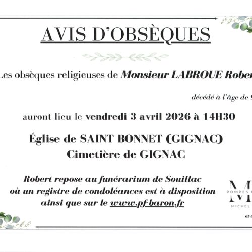 AVIS d’obsèques de Monsieur LABROUE Robert