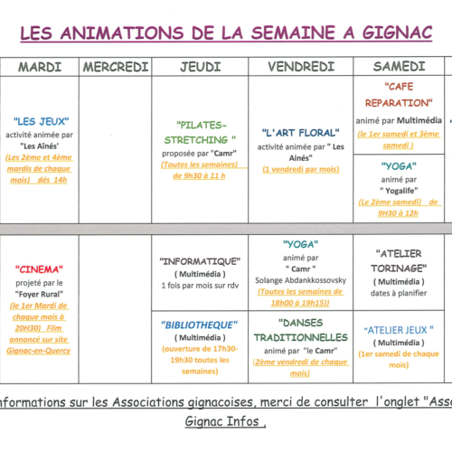 LES ANIMATIONS DE LA SEMAINE A GIGNAC