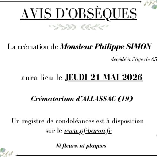 Avis d’obsèques de Monsieur SIMON Philippe