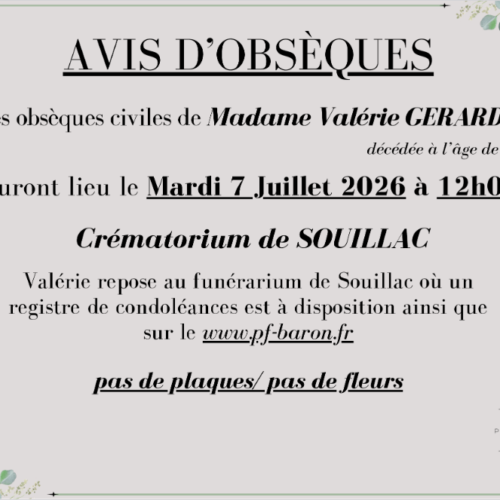 Avis d’obsèques de Madame Valérie GERARDIN
