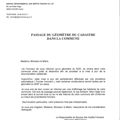 AVIS DE PASSAGE DU GÉOMÈTRE DU CADASTRE DANS LA COMMUNE ENTRE JUILLET ET DÉCEMBRE 2026