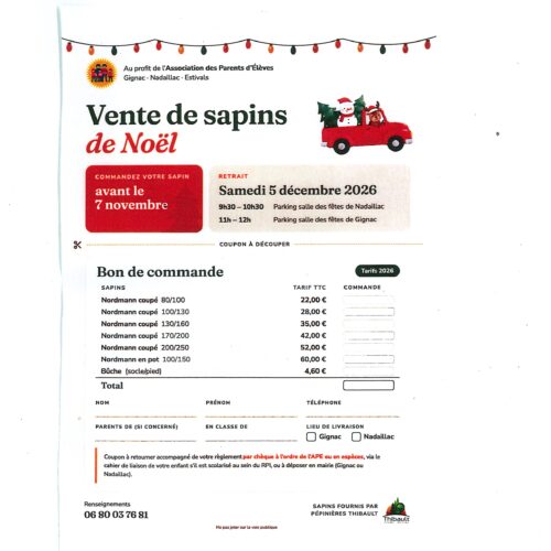 ASSOCIATION DES PARENTS D&rsquo;ELEVES – VENTE DE SAPINS DE NOEL